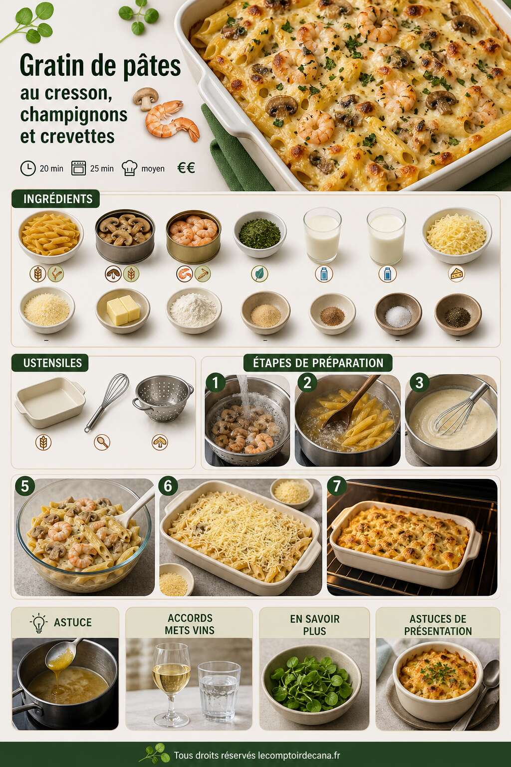 Fiche recette Gratin de p&acirc;tes au cresson, champignons et crevettes