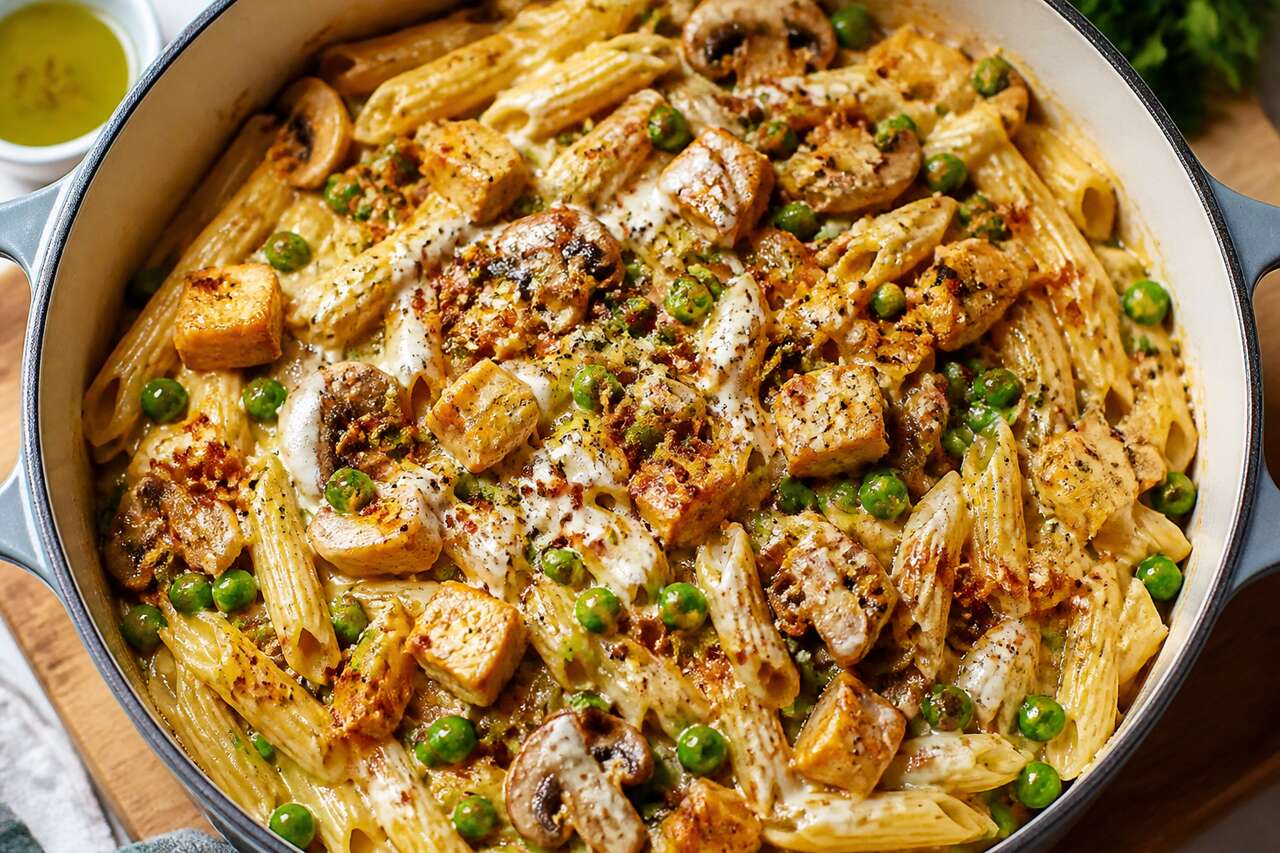 One pot pasta : recette végétarienne au tofu, champignons et petits pois
