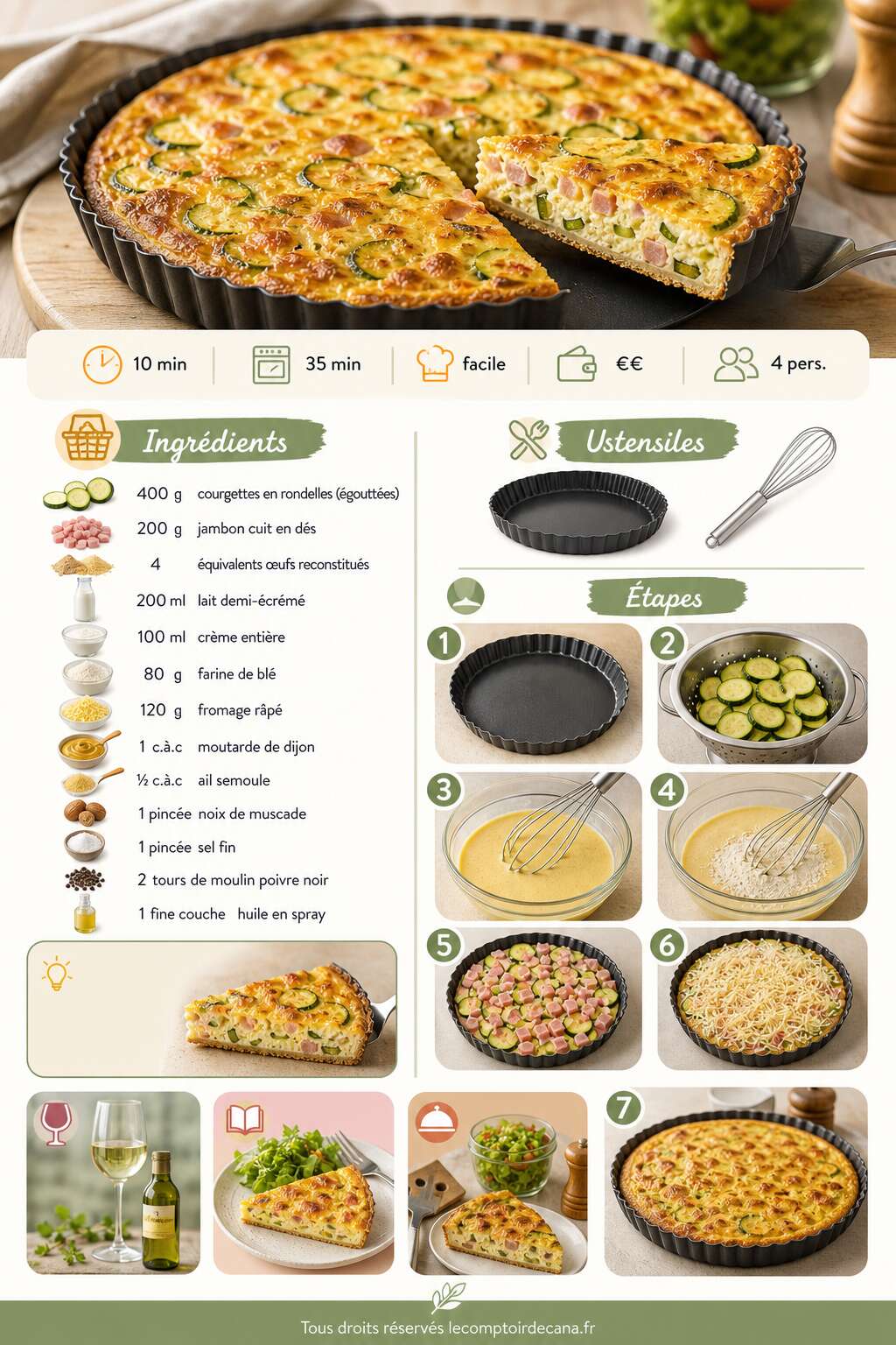 Fiche recette Quiche sans p&acirc;te au jambon et courgette : recette express