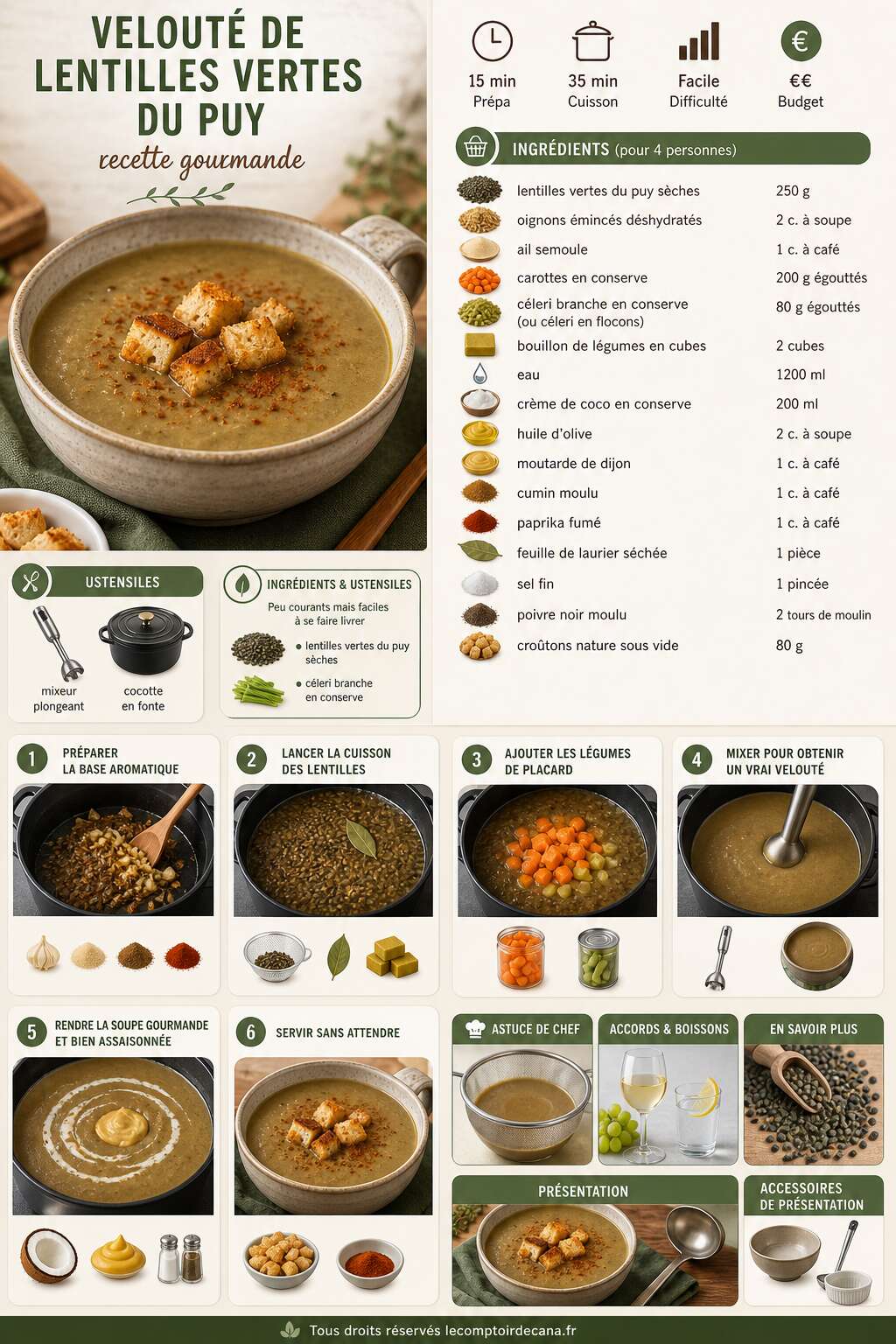 Fiche recette Velouté de lentilles vertes du Puy : recette gourmande Fiche recette Velouté de lentilles vertes du Puy : recette gourmande