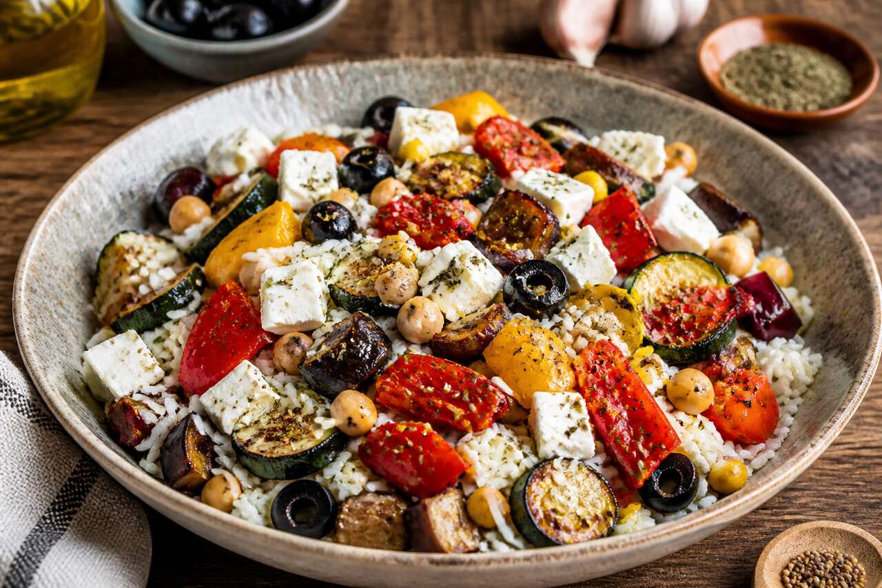 Salade de riz aux légumes rôtis et feta