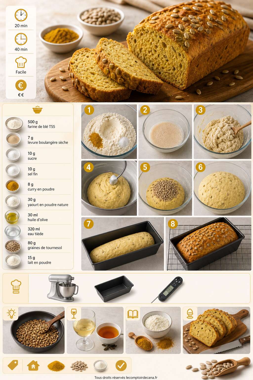 Fiche recette Pain au curry, yaourt et tournesol : recette savoureuse