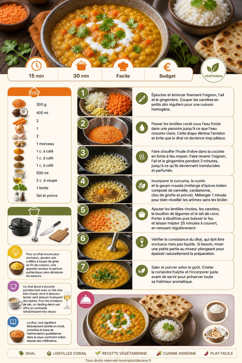 Fiche recette Dhal de lentilles corail aux l&eacute;gumes : recette savoureuse et facile