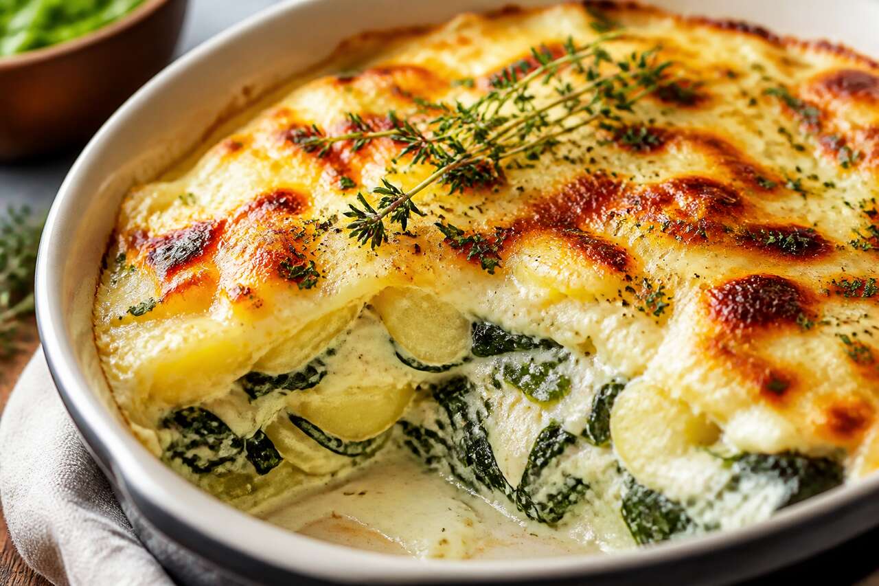 Gratin de pommes de terre aux épinards et concoillotte : recette gourmande