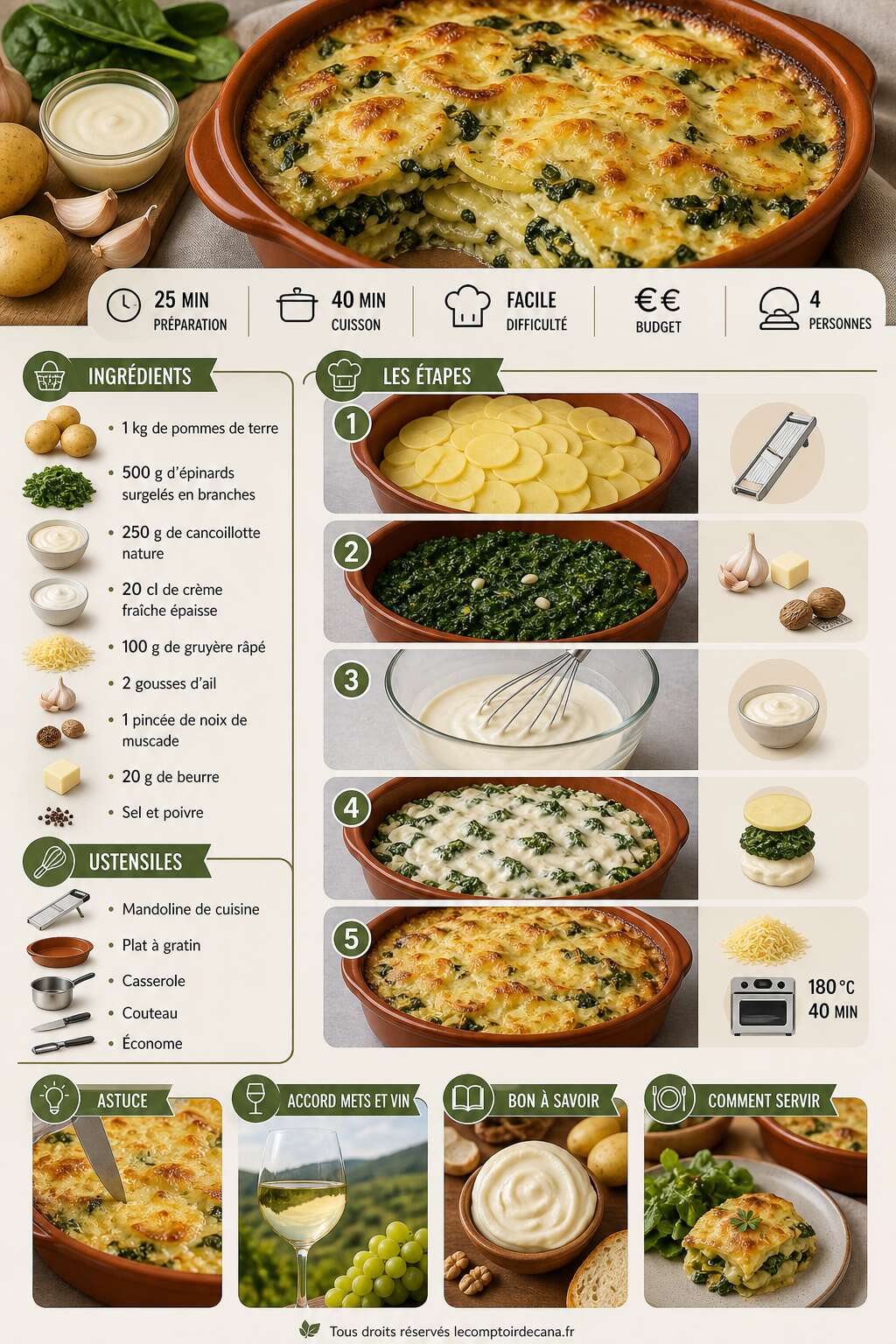 Fiche recette Gratin de pommes de terre aux épinards et concoillotte : recette gourmande Fiche recette Gratin de pommes de terre aux épinards et concoillotte : recette gourmande