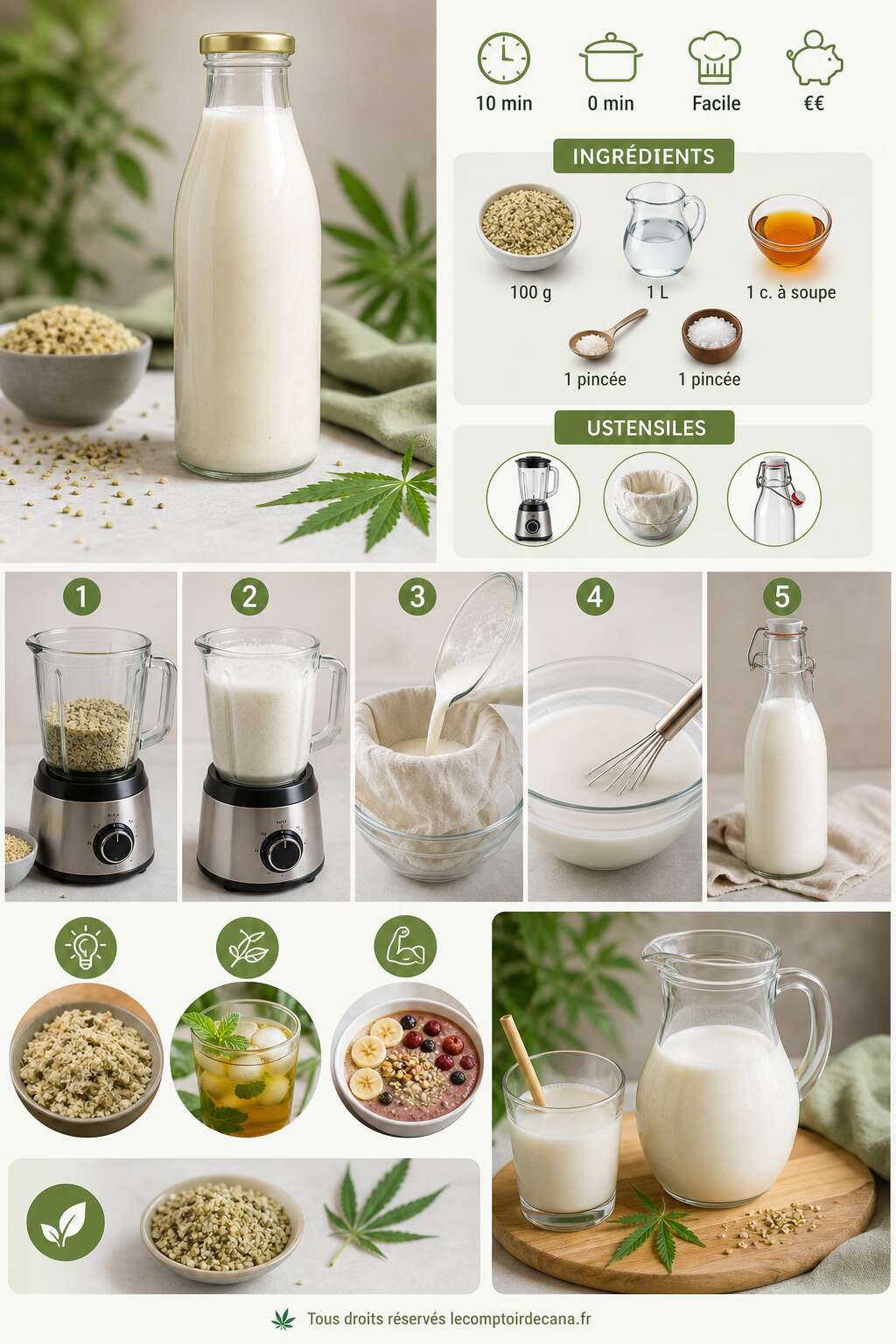 Fiche recette Recette de lait de chanvre maison : votre alternative végétale Fiche recette Recette de lait de chanvre maison : votre alternative végétale
