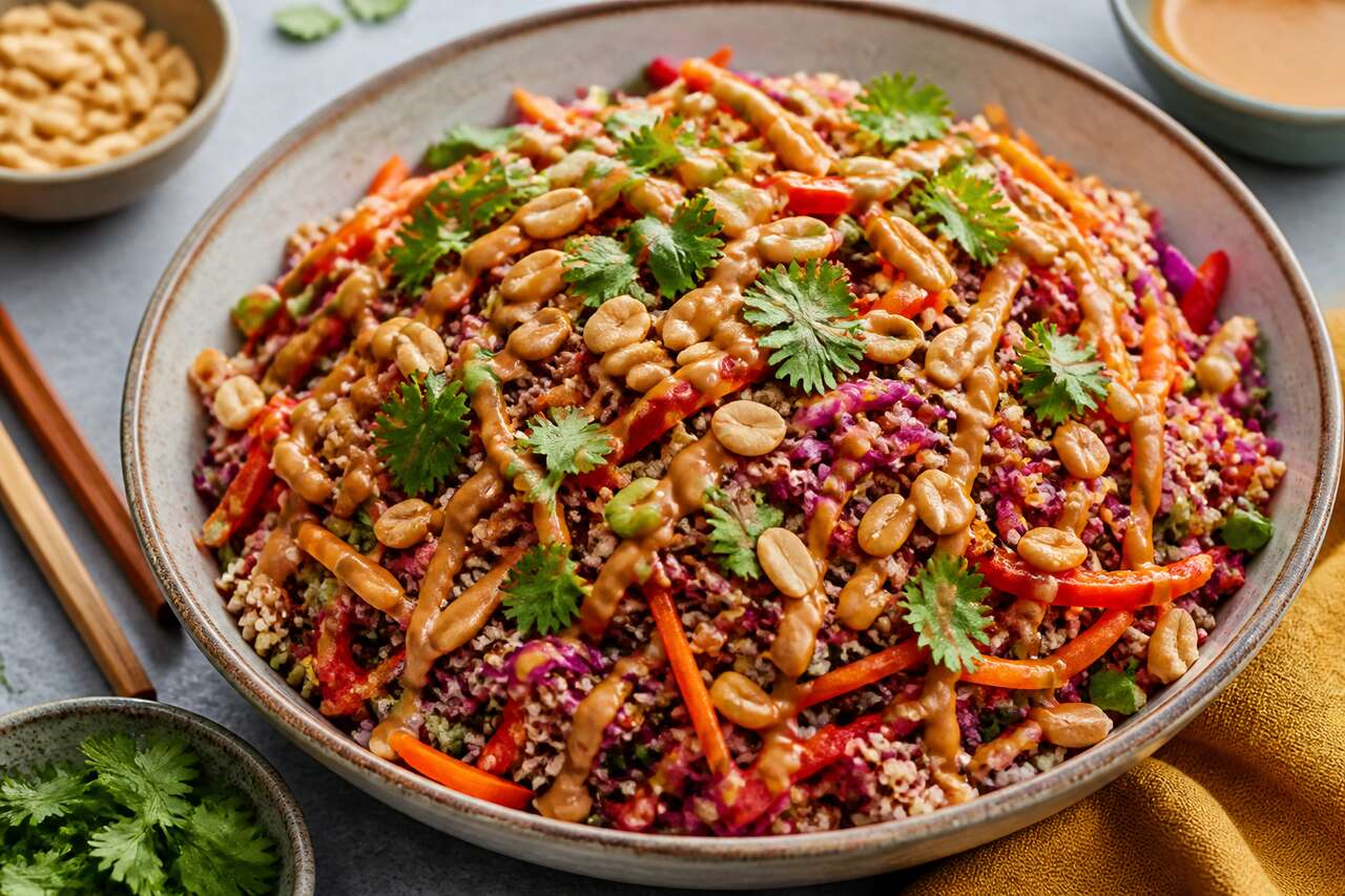 Salade de quinoa croustillante : chou rouge, carotte, poivron et sauce au beurre de cacahuètes