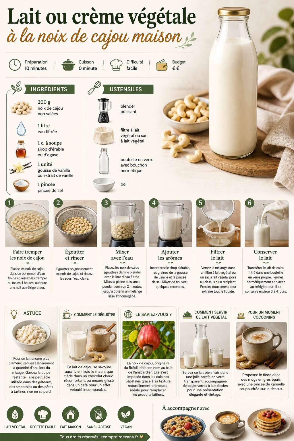 Fiche recette Lait ou crème végétale à la noix de cajou maison Fiche recette Lait ou crème végétale à la noix de cajou maison