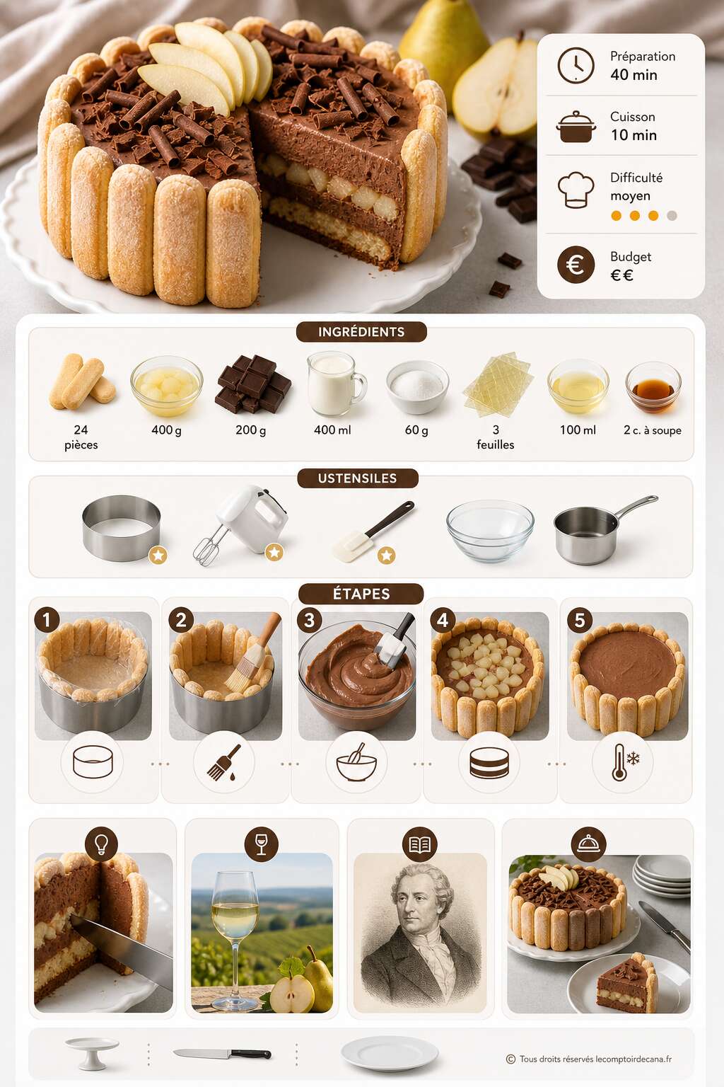 Fiche recette Recette charlotte maison aux poires et chocolat - CAP pâtisserie Fiche recette Recette charlotte maison aux poires et chocolat - CAP pâtisserie