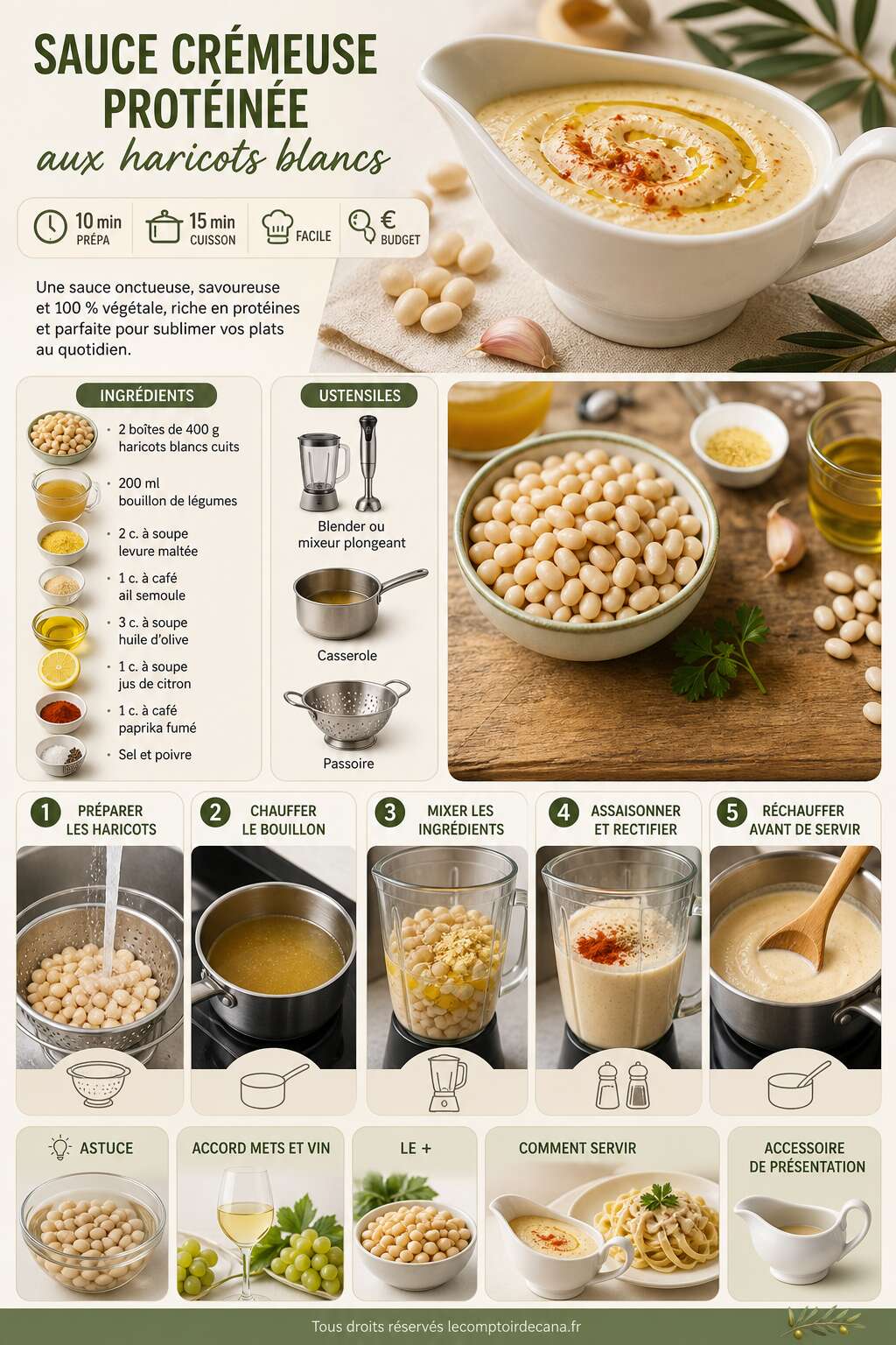 Fiche recette Sauce crémeuse protéinée : recette aux haricots blancs Fiche recette Sauce crémeuse protéinée : recette aux haricots blancs