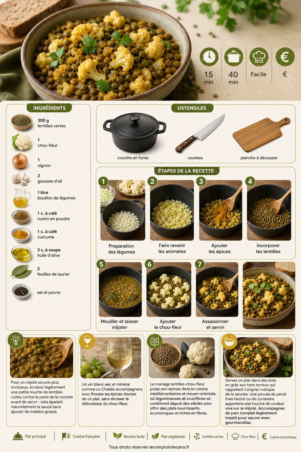 Fiche recette Mijoté de lentilles vertes et chou-fleur : recette savoureuse Fiche recette Mijoté de lentilles vertes et chou-fleur : recette savoureuse
