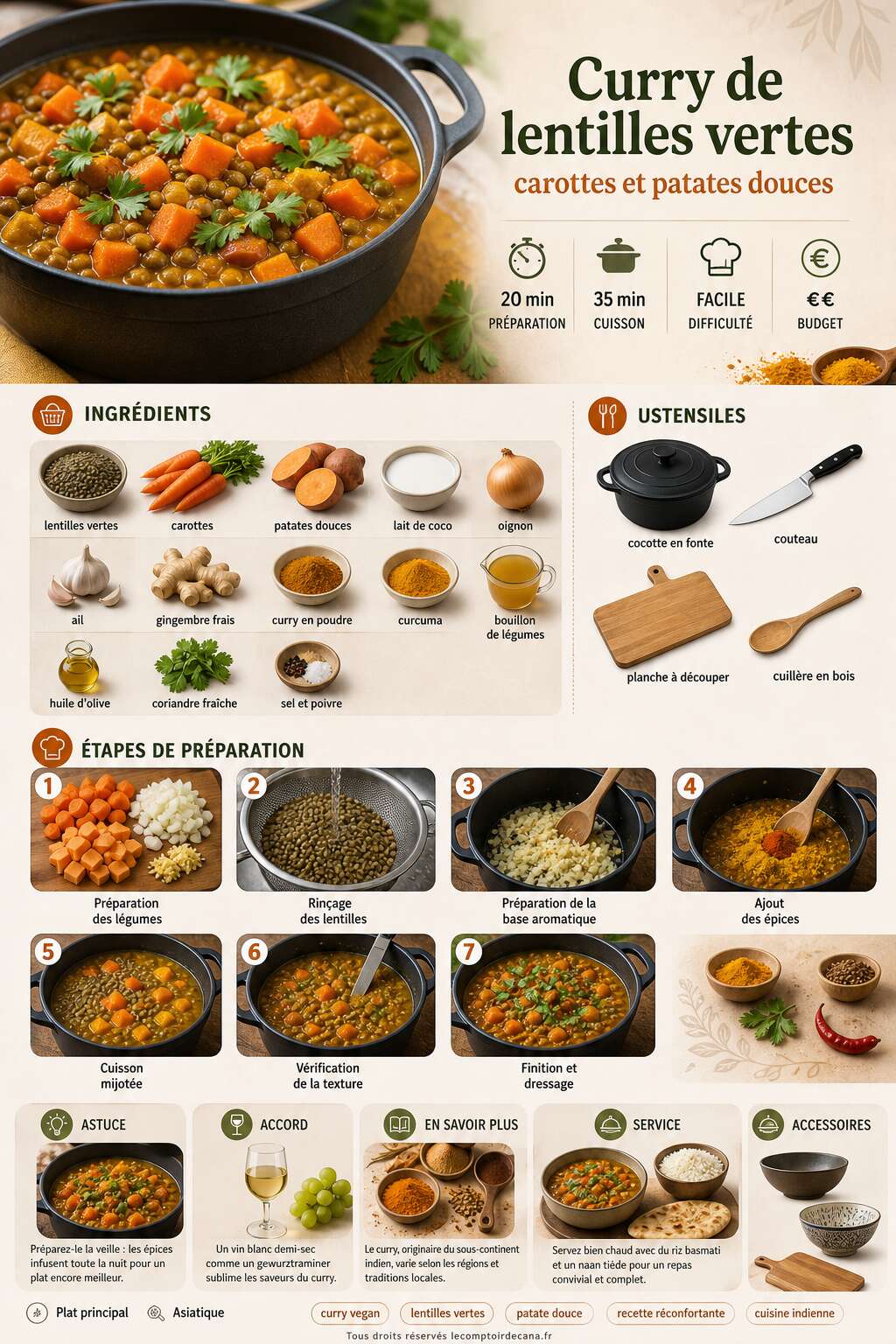 Fiche recette Curry de lentilles vertes : carottes et patates douces Fiche recette Curry de lentilles vertes : carottes et patates douces
