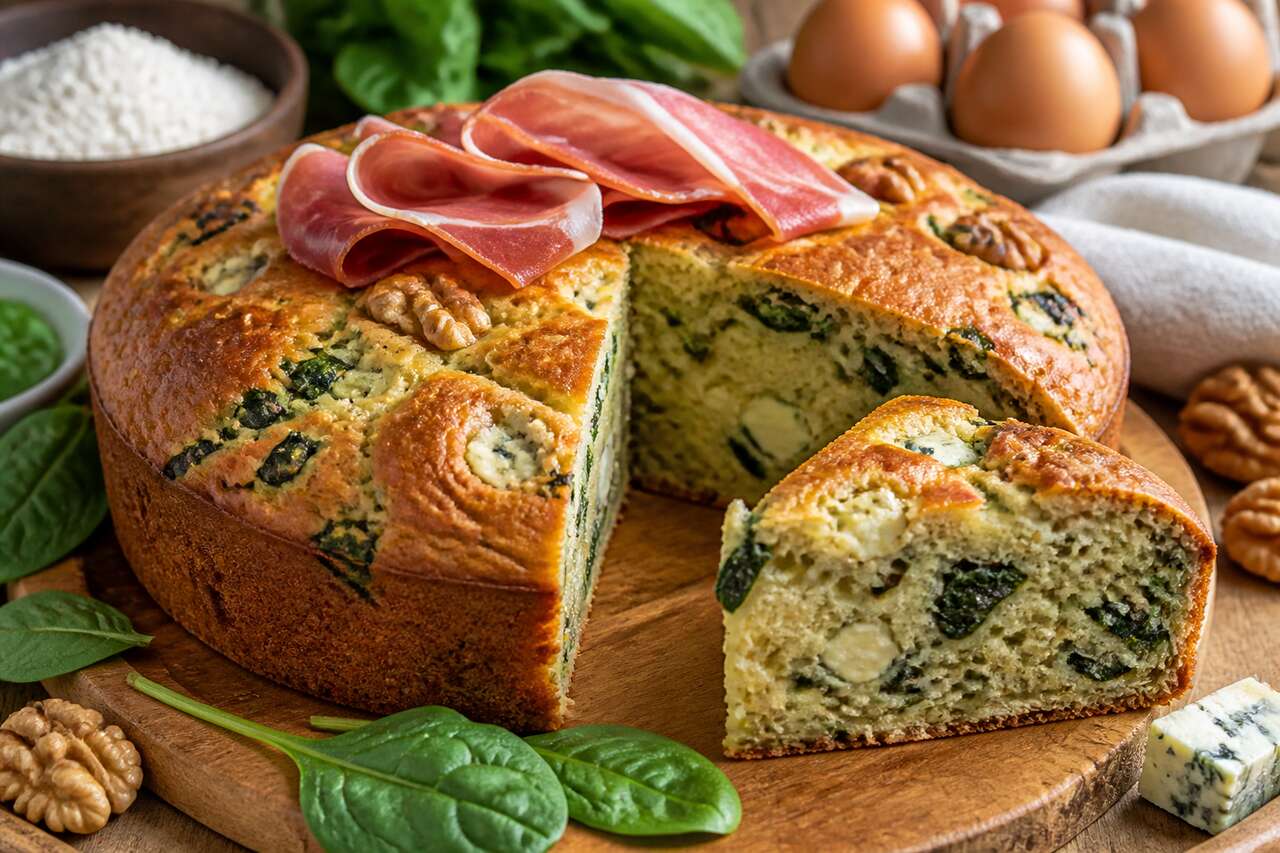 Recette de cake : épinards, roquefort, noix et jambon cru