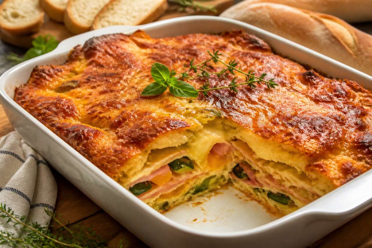 Recette de strata jambon, fromages et légumes : idéal pour finir les restes