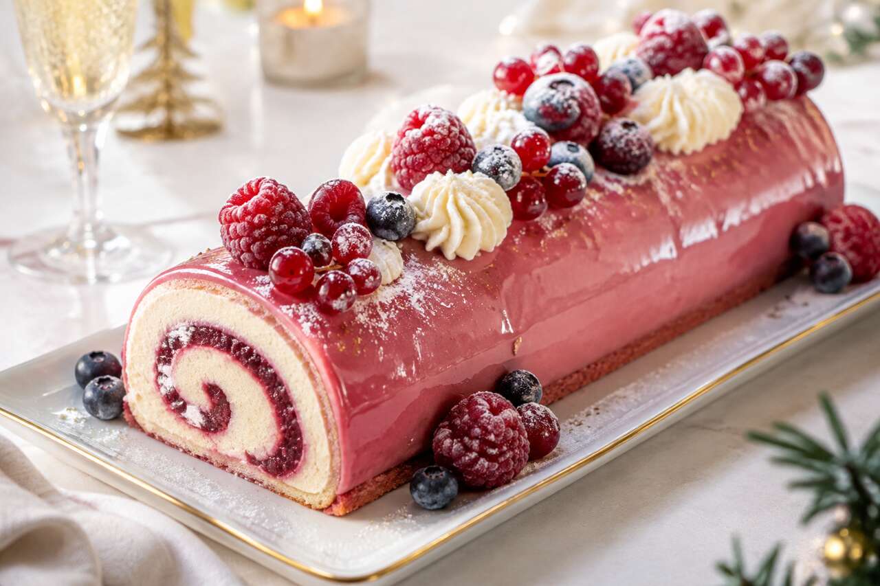 Recette de bûche au champagne et fruits rouges