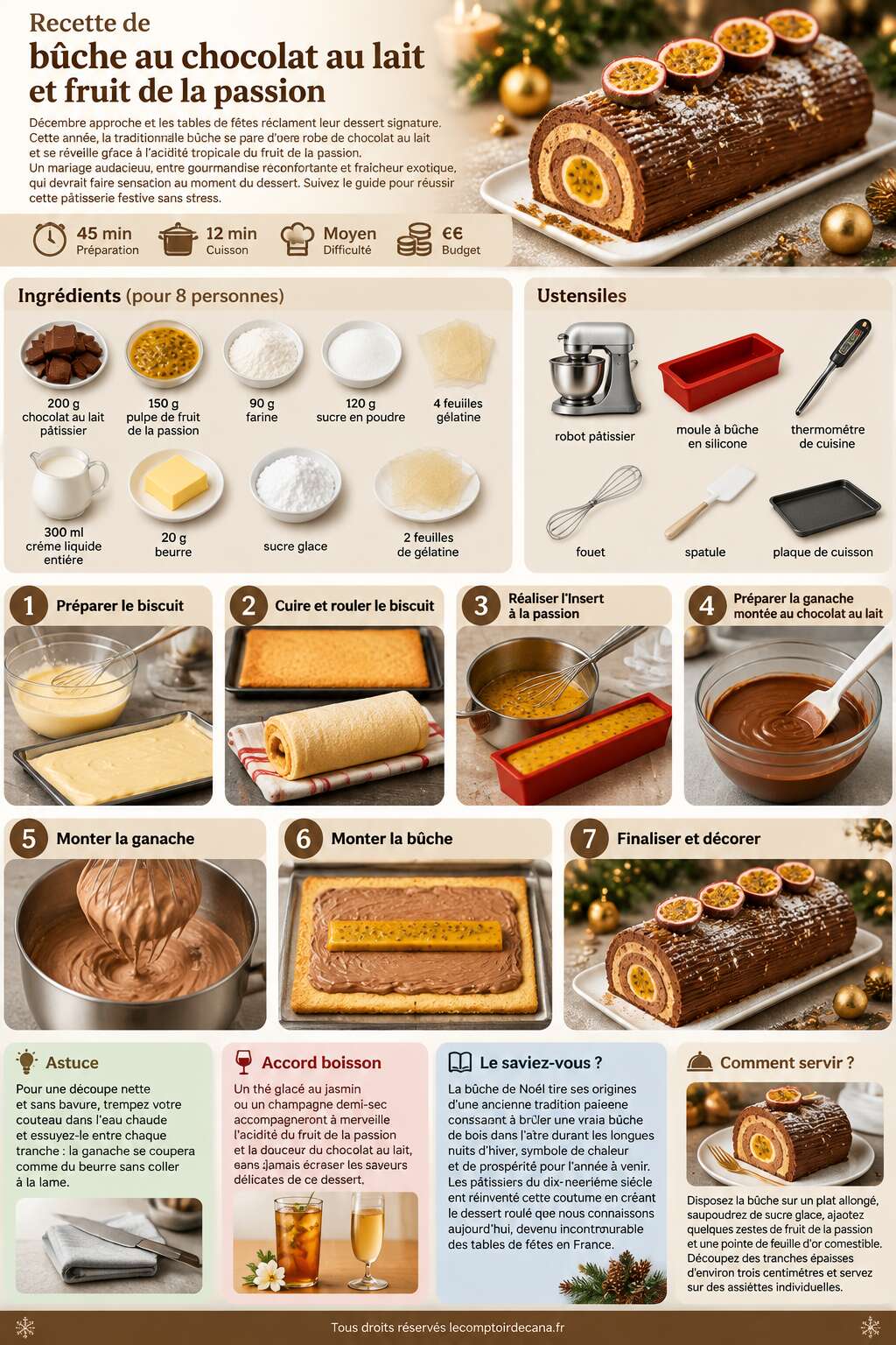 Fiche recette Recette de bûche au chocolat au lait et fruit de la passion Fiche recette Recette de bûche au chocolat au lait et fruit de la passion
